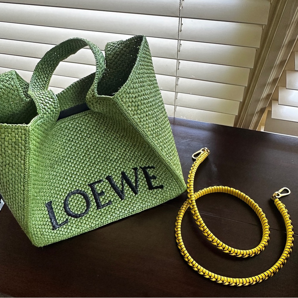 Loewe med green raffia tote & yellow leather bag strap, like new